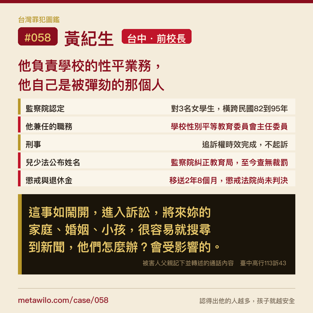 台灣罪犯圖鑑 CASE #058 黃紀生：他負責學校的性平業務，他自己是被彈劾的那個人