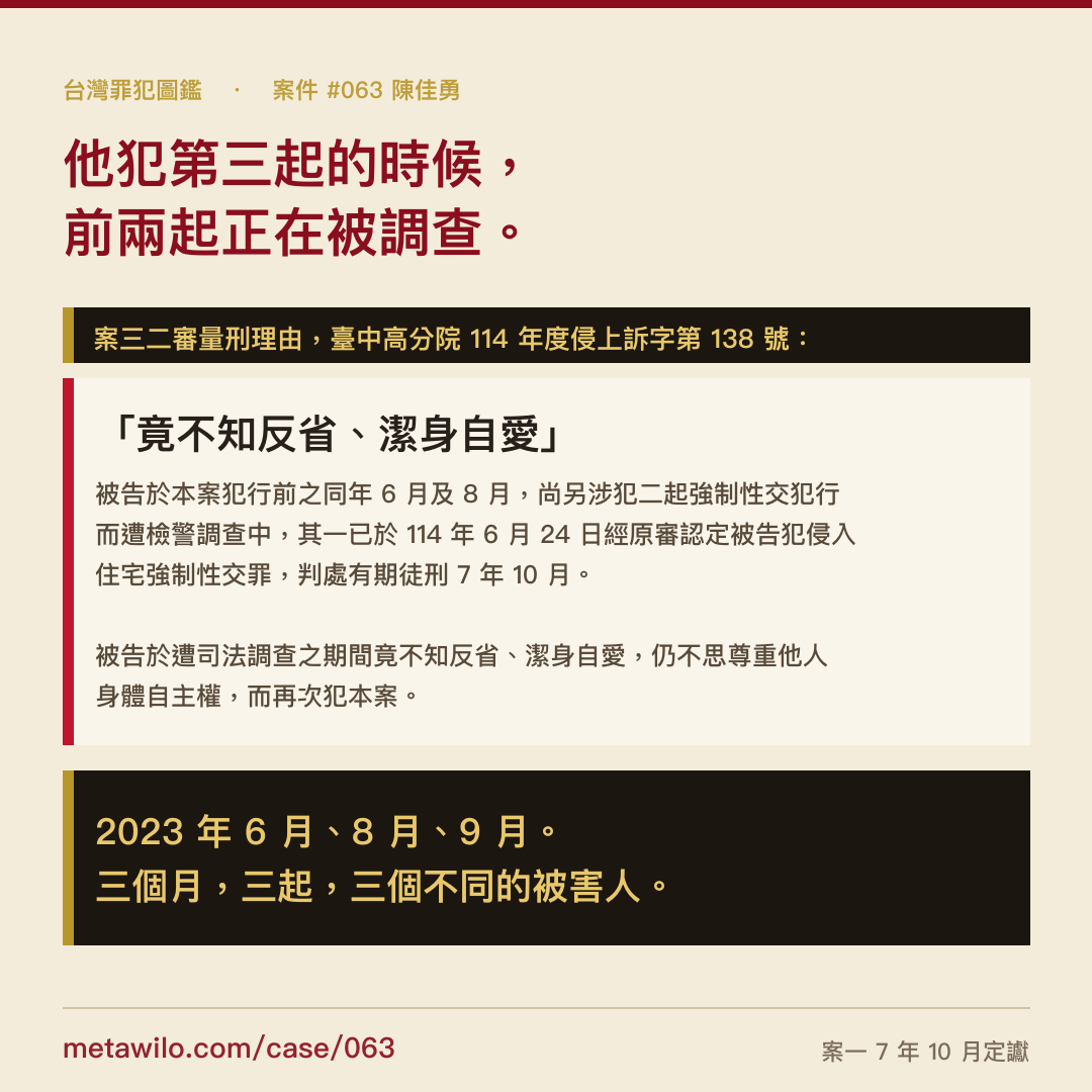 他犯第三起的時候，前兩起正在被調查。「竟不知反省、潔身自愛」