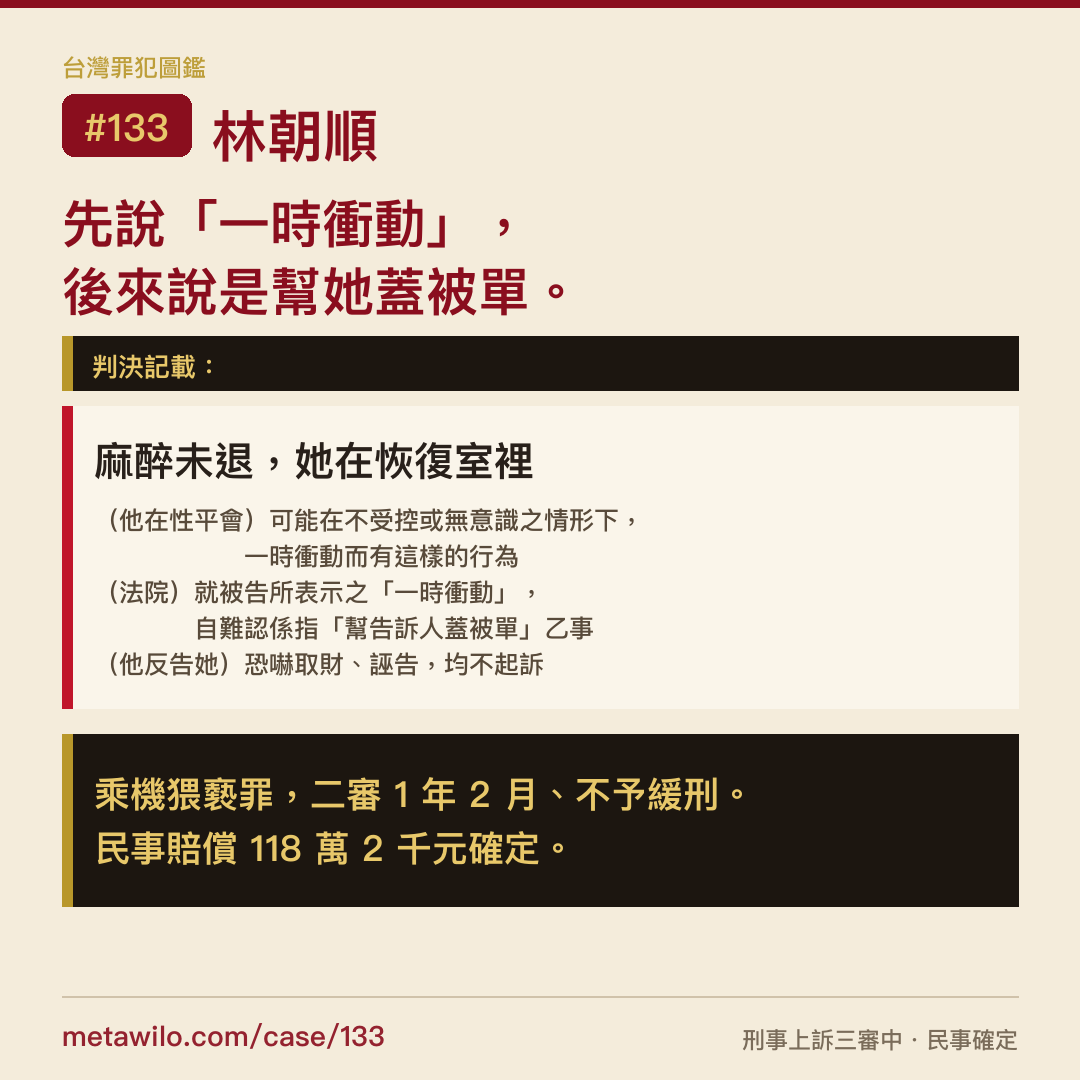林朝順：先說「一時衝動」，後來說是幫她蓋被單。乘機猥褻罪二審1年2月、不予緩刑，民事賠償118萬2千元確定。