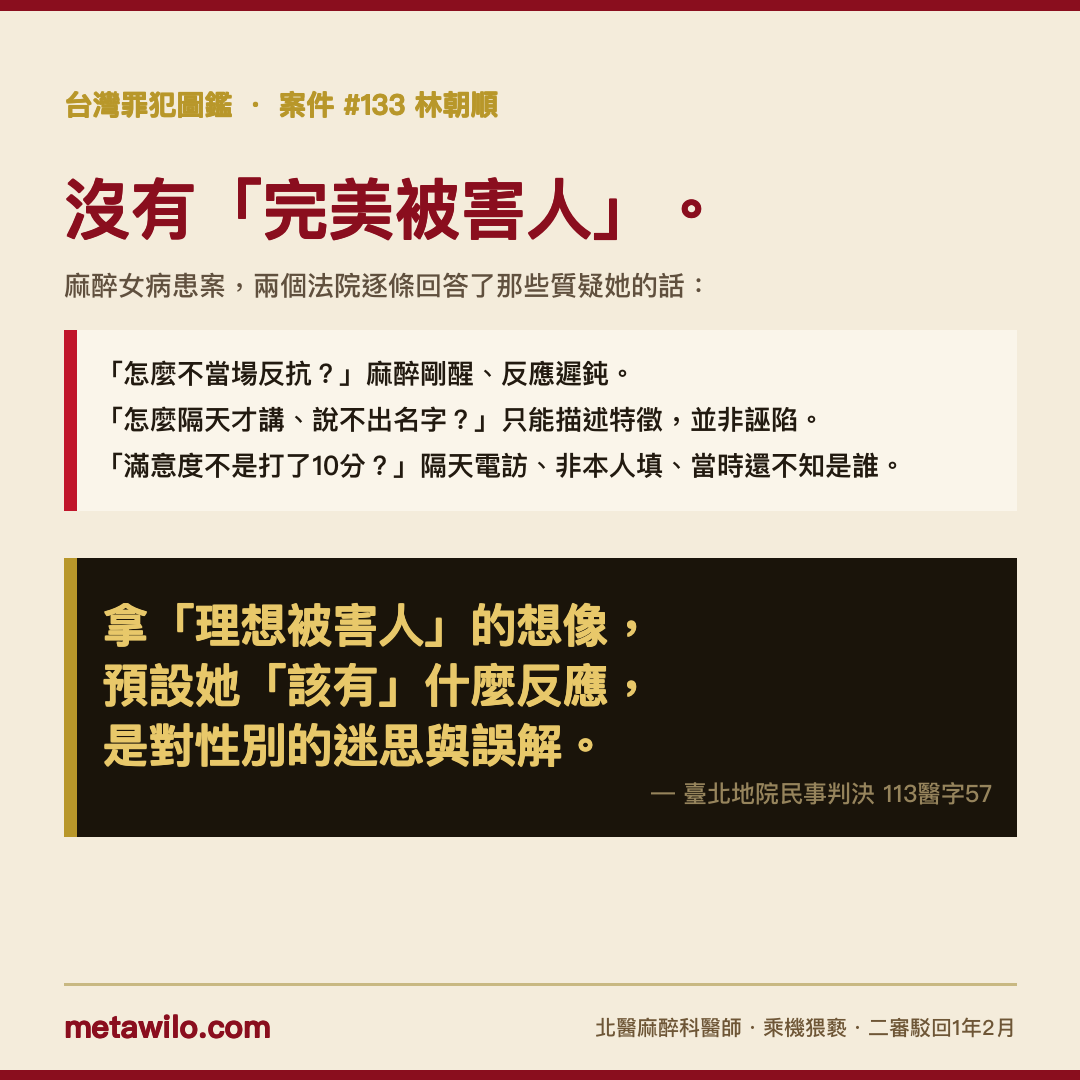 台灣罪犯圖鑑 #133 林朝順：沒有「完美被害人」；拿「理想被害人」的想像預設她該有什麼反應，是對性別的迷思與誤解