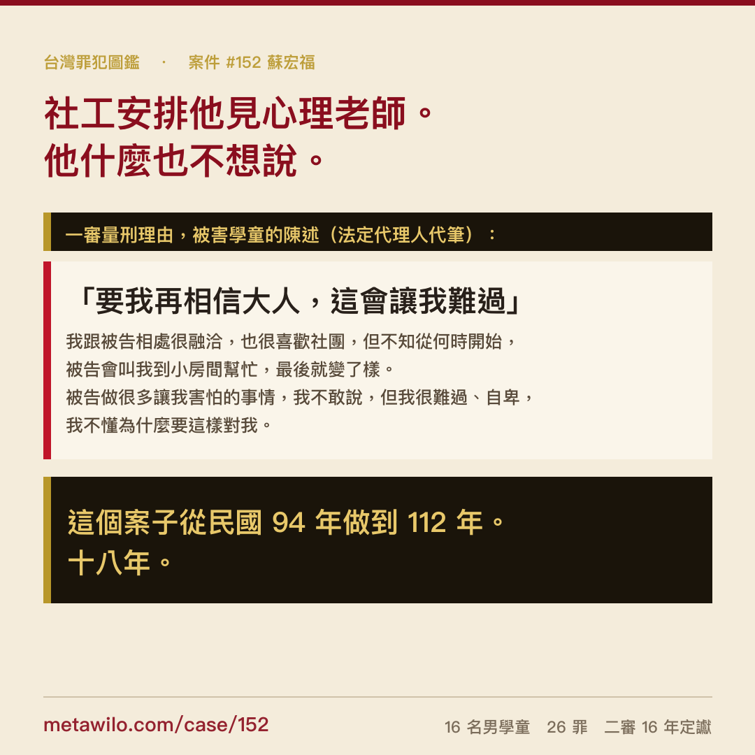 社工安排他見心理老師。他什麼也不想說。「要我再相信大人，這會讓我難過」