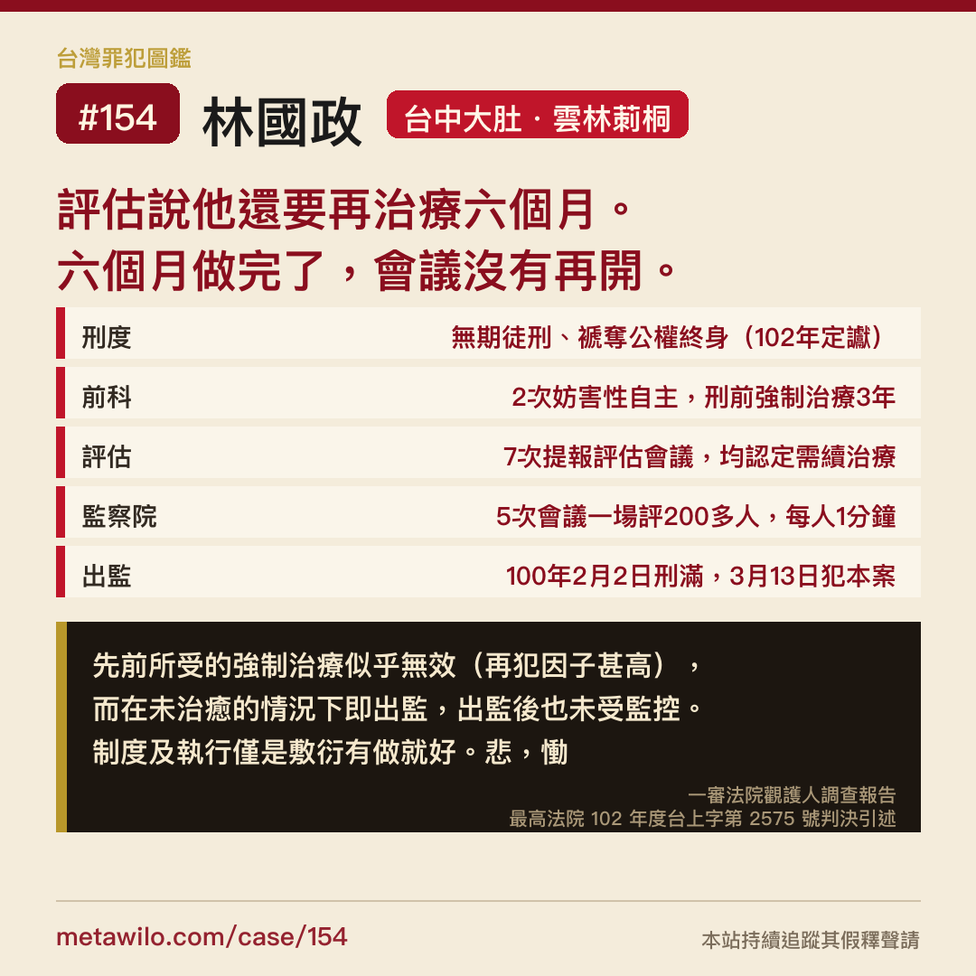 評估說他還要再治療六個月。六個月做完了，會議沒有再開。