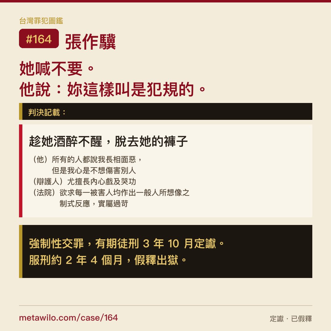 她喊不要。他說：妳這樣叫是犯規的。強制性交罪，有期徒刑 3 年 10 月定讞。