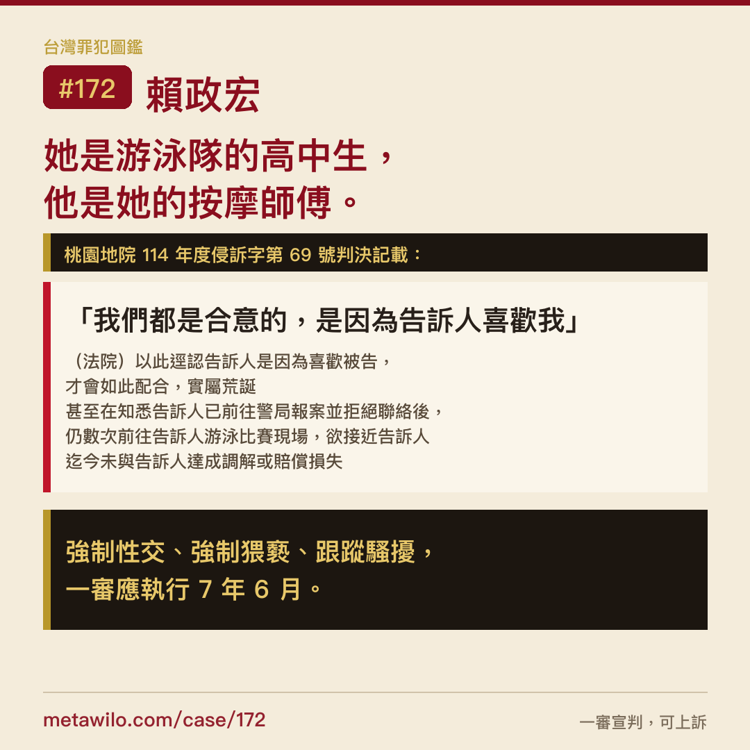 她是游泳隊的高中生，他是她的按摩師傅。「我們都是合意的，是因為告訴人喜歡我」強制性交、強制猥褻、跟蹤騷擾，一審應執行 7 年 6 月。