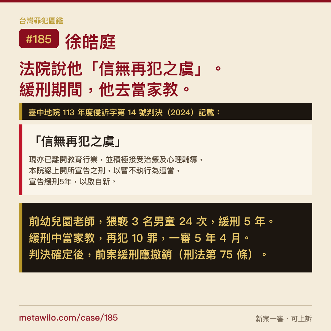 法院說他「信無再犯之虞」。緩刑期間，他去當家教。