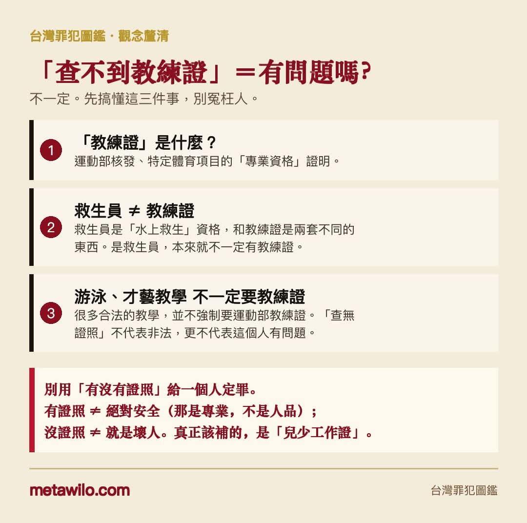 「查不到教練證」＝有問題嗎？不一定：教練證是專業資格；救生員≠教練證；游泳、才藝教學不一定要教練證。別用有沒有證照給一個人定罪。