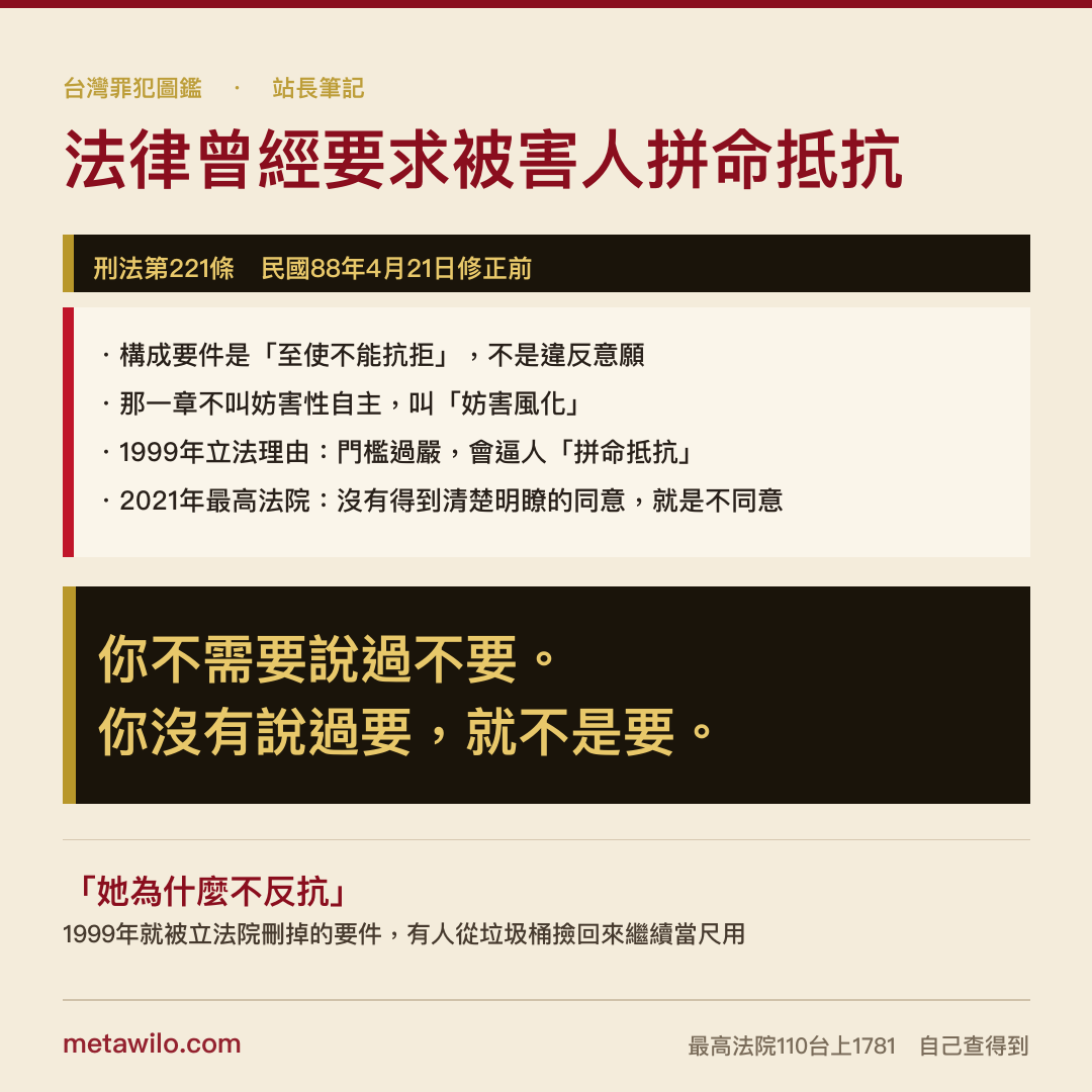 法律曾經要求被害人拼命抵抗：1999年以前刑法221條的構成要件是「至使不能抗拒」