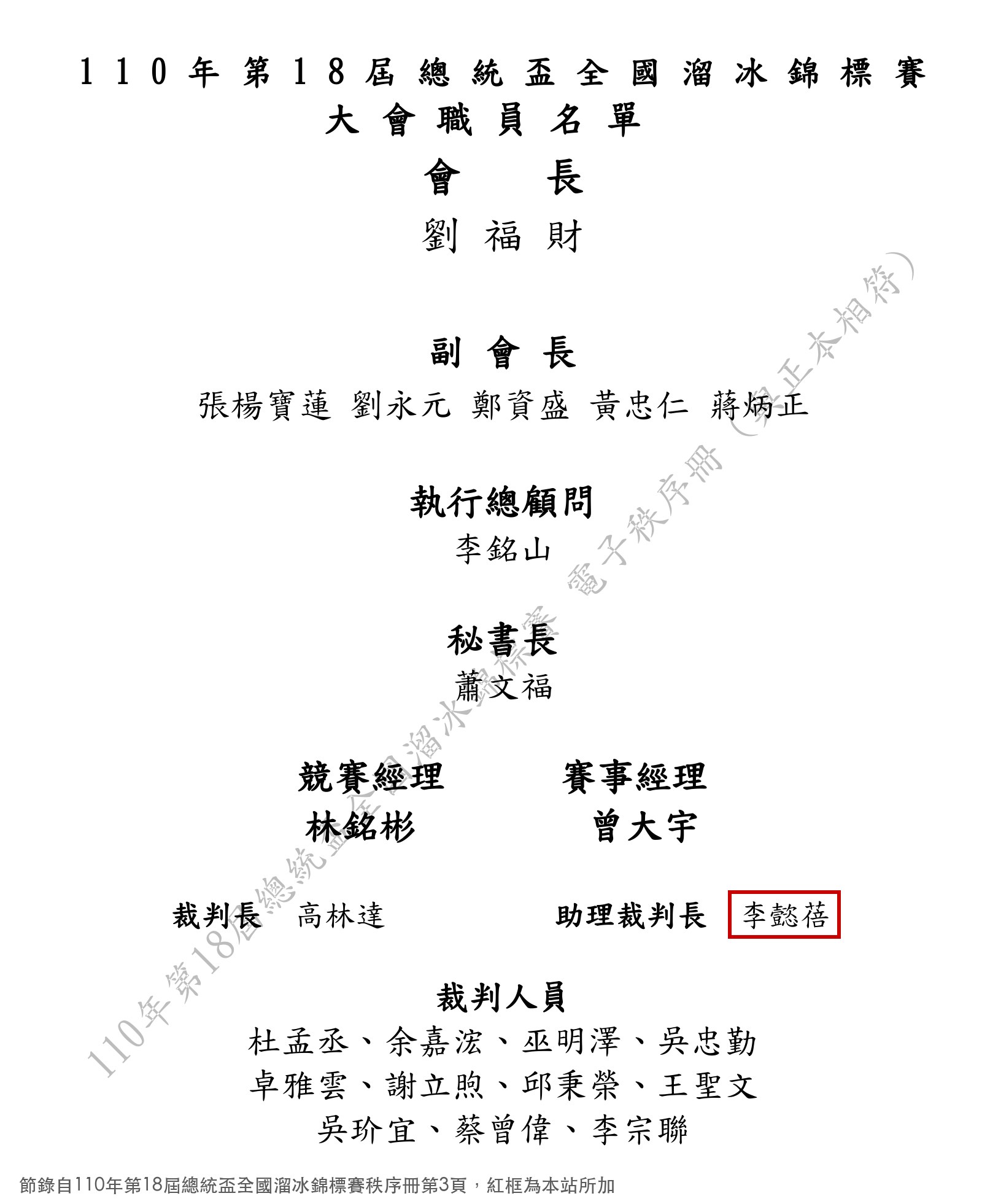 110年第18屆總統盃全國溜冰錦標賽大會職員名單，助理裁判長李懿蓓